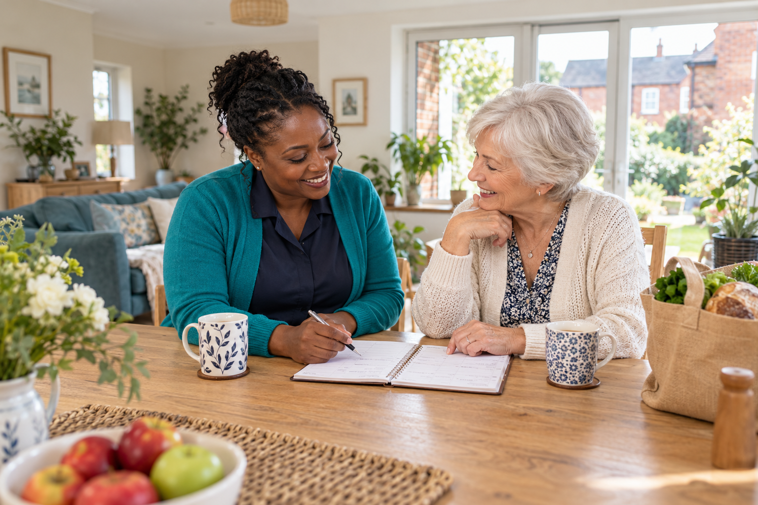 Illustrative scene of a companion and an older woman chatting over a household diary in a bright home